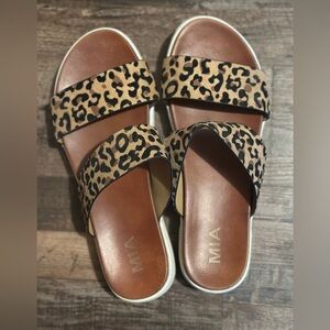 MIA Leopard-Print Double Strap Slide Sandals in Tan and Black